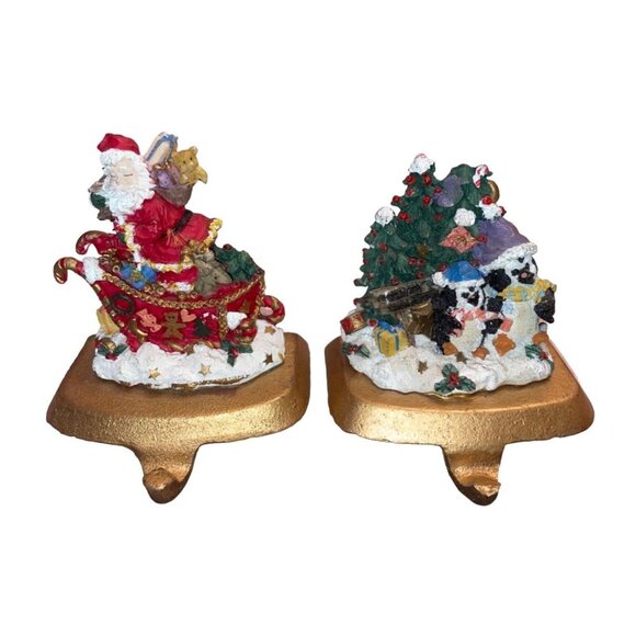 Vintage K's Collection Stocking Holders Cast Iron Set of 2 Santa Penguins - Picture 1 of 2